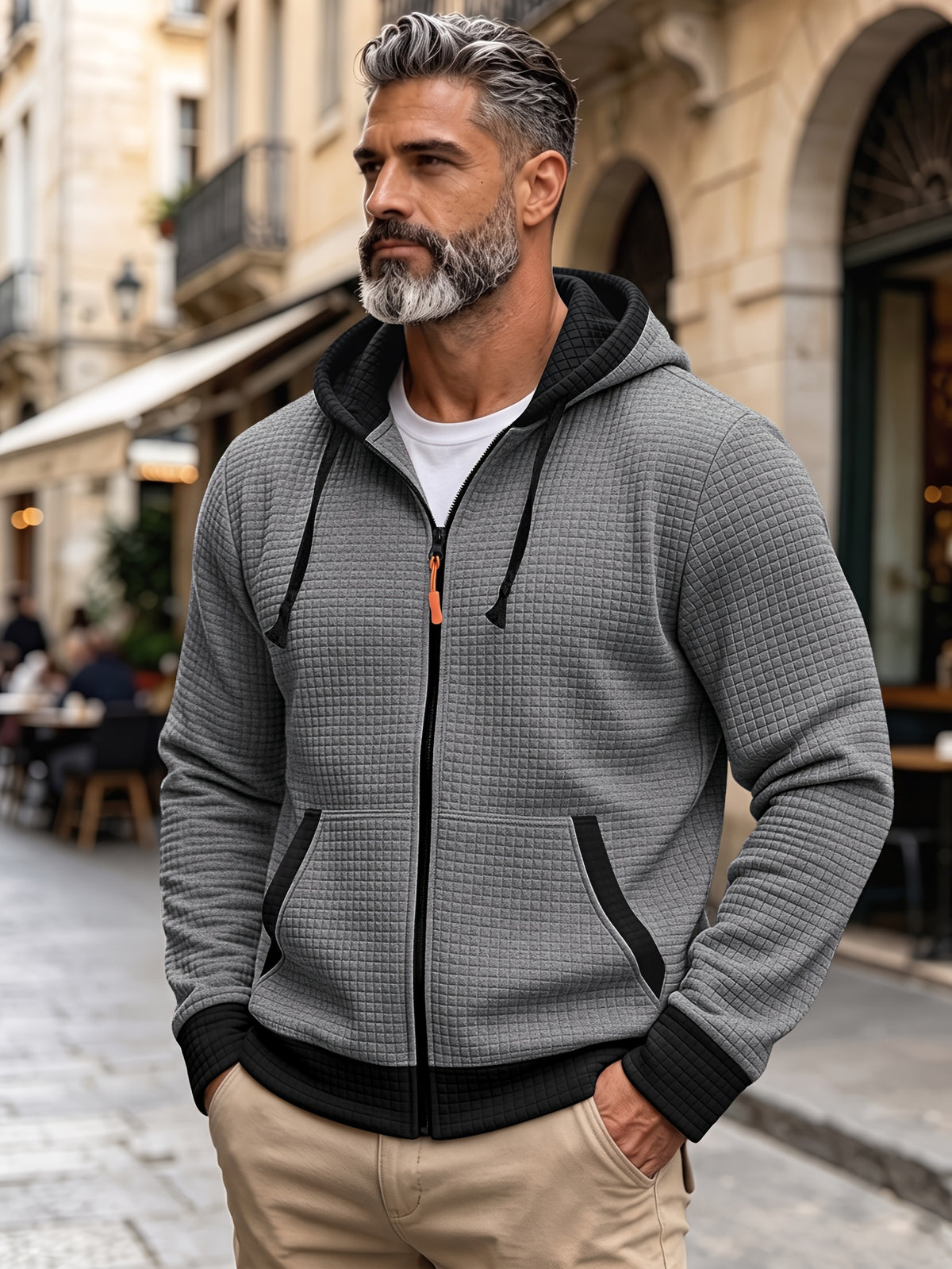 Autumn Winter Men'S Thick Jacquard Long Sleeve Cardigan Hooded Jacket Coat, Fashionable Checkered Jacquard Texture Fabric Comfortable, Suitable for Daily Outings, Outdoor Sports, Travel, And Vacation, Lightweight Comfortable Regular Fit - Grey