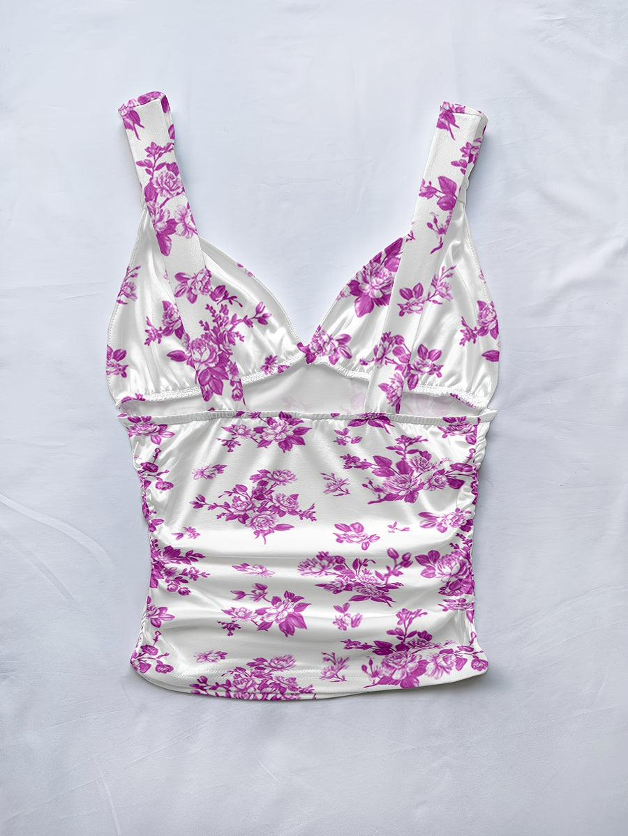 Women's Spring/summer New Hot Beach Tropical Vacation Outfits Casual Floral Slim Fit Bustier Halter Top - Magenta