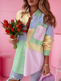Women'S Multicolor Printed Striped Casual Fashion Shirt, Blue, Green, Pink And Yellow Multicolor Contrast Beautiful Shirt, Suitable for Party, Commute And Vacation Long Sleeve Spring Summer Shirt, Daily Open Front Top [Niannian] - Mixed colors