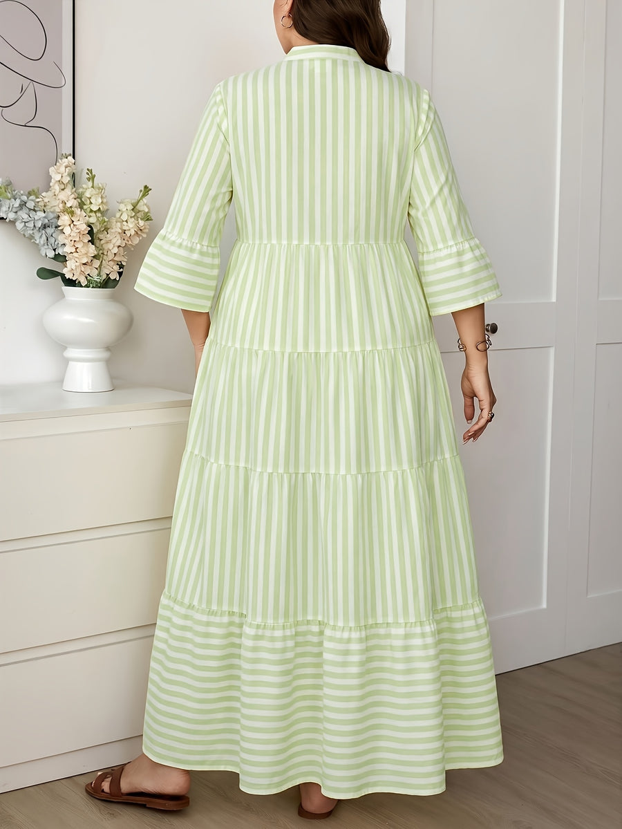 Plus Size Women'S Stand Collar V-Neck Layered Cake Dress, Yellow White Pinstripe Gentle Style Dress, Suitable for Vacation Outings, Fresh Casual Style, Fine Vertical Stripes Pattern, Women'S Clothing, Women'S Dress, Pastoral Vacation Style - Light Green