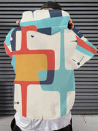 Men's  Streetwear Brand Hooded Sweatshirt with Colorful Geometric Intersecting Patterns in a Modern Abstract Style - Full of Streetwear Brand Flair, Rich in Pattern Elements and Artistic Sensibility, Effortlessly Creating a  Outfit. The Drawstring - Multicolor
