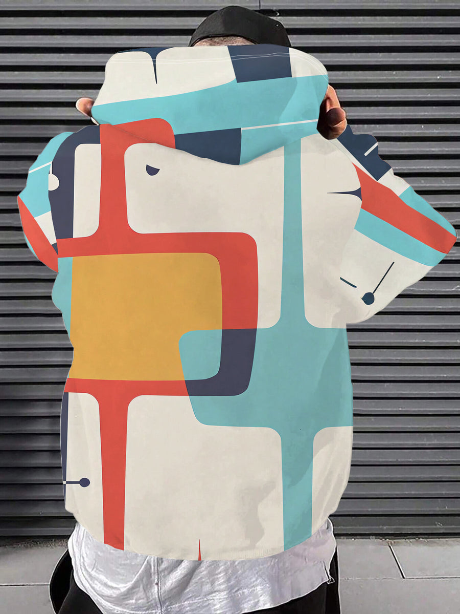 Men's Streetwear Brand Hooded Sweatshirt with Colorful Geometric Intersecting Patterns in a Modern Abstract Style - Full of Streetwear Brand Flair, Rich in Pattern Elements and Artistic Sensibility, Effortlessly Creating a Outfit. The Drawstring - Multicolor