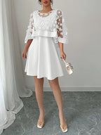 Women'S Elegant Exquisite Date Party Attire Solid Color Tailored Waist-Cinched A-Line Sleeveless Short-Length Dress Two-Piece Set Tulle Overlay with 3D Flower Decoration Overlay And Dress Two-Piece Set - Ivory White
