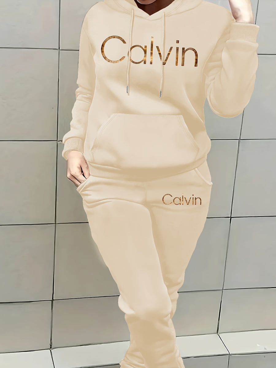 Graphic Print Two-Piece Set, Crew Neck Sweatshirt And Pants, Women'S Clothing - Apricot 1