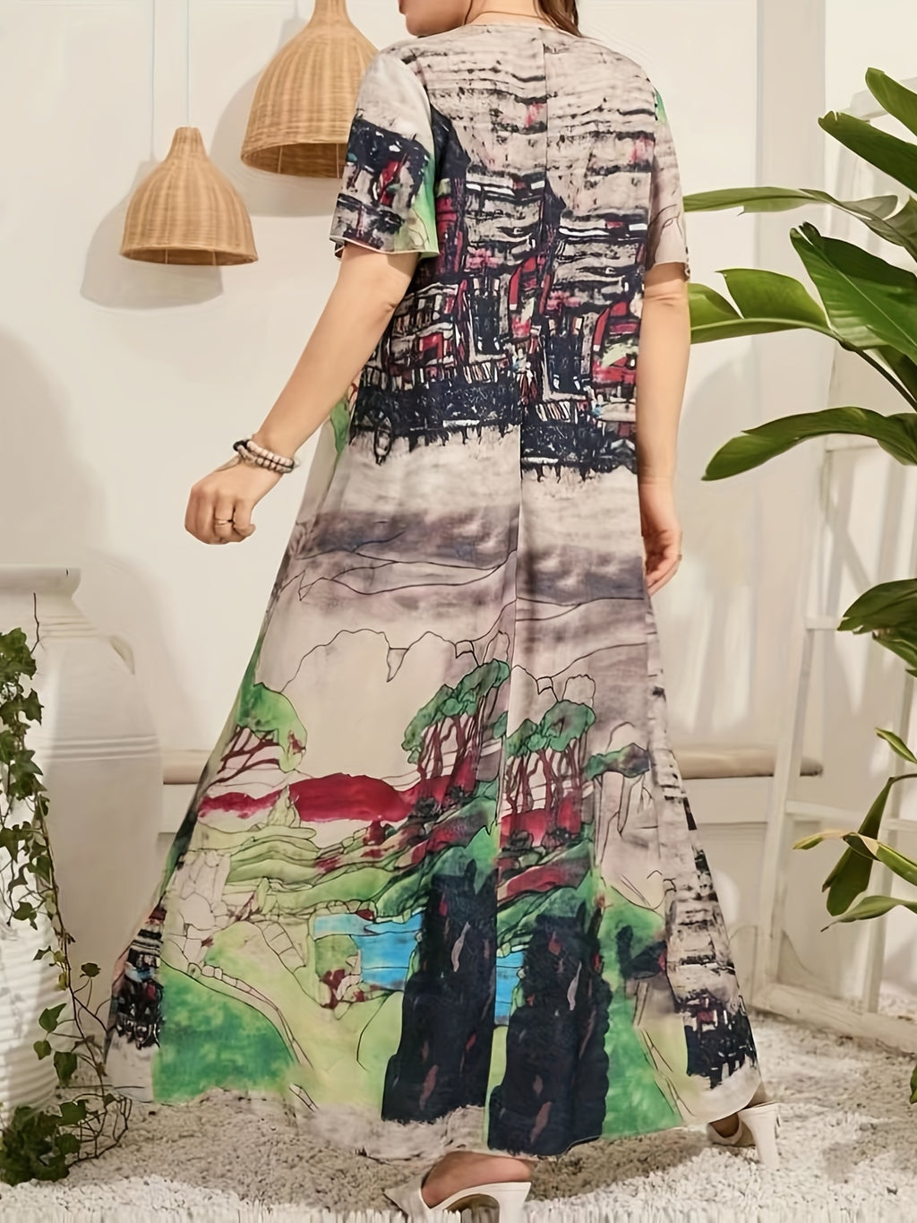 Casual Abstract Ink Wash Print Dress, Round Neck Short Sleeve Loose Fit Long Dress - Mixed colors