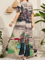 Casual Abstract Ink Wash Print Dress, Round Neck Short Sleeve Loose Fit Long Dress - Mixed colors