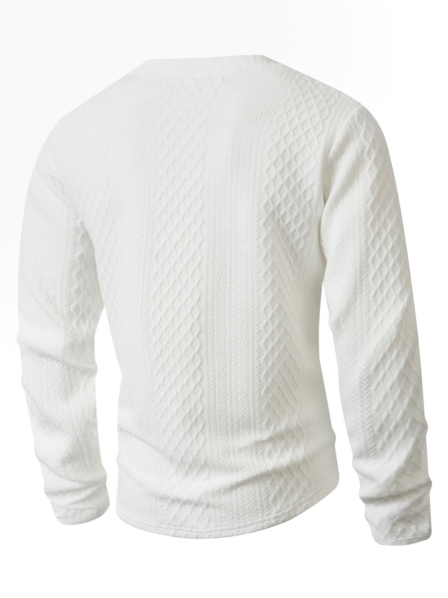 Josh Mei's Selection: Henley Collar Shirt, 2026 Autumn/Winter European and American Style Men's Casual Jacquard Crew Neck Long Sleeve Pullover Sweater Short Sleeve - White