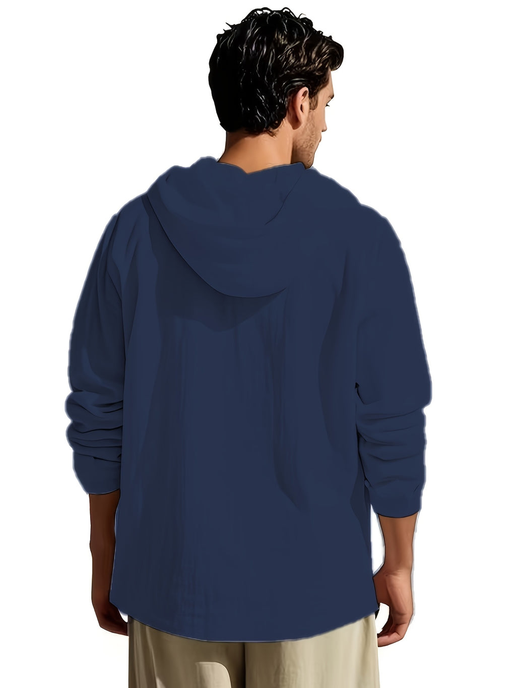 Spring Summer Men'S Linen Color-Block Drawstring Hooded Half-Button Retro Button Long Sleeve Henley Shirt Cuffs Can Be Rolled Loose Thin Breathable Pullover Top Beach Vacation All-Match Men'S Casual Vacation Long Sleeve Top - Navy Color