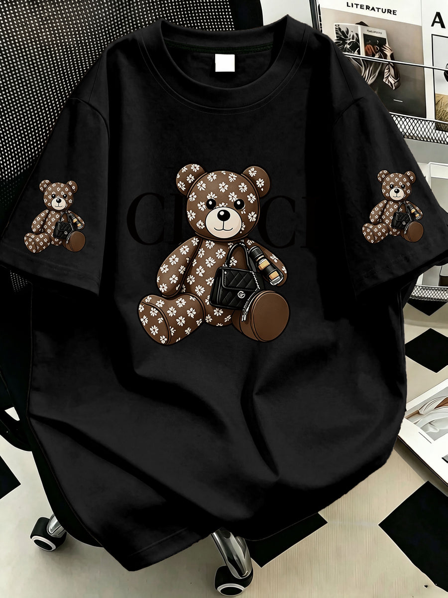 Plus Size, Plus-size Women's Crossbody Bag with Bear Print, Round Neck Short-sleeve T-shirt. Suitable for Summer Vacations, Beach, Holidays, Spring, Valentine's Day, Carnivals, Mother's Day Gifts; a Gift for Mom. Suitable for Daily Wear - Black