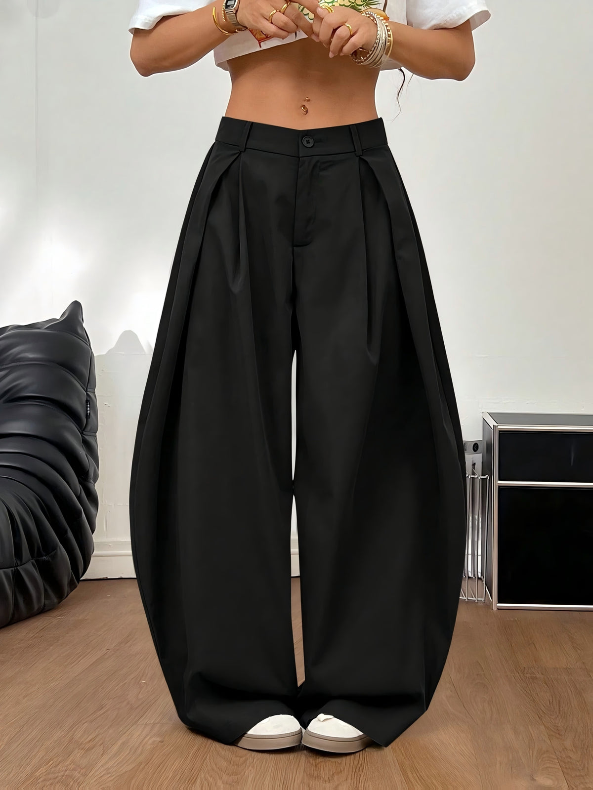ZD1019240 Women's All-Season Fashionable Street Style Beltless Loose Wide-Leg Trousers - Black