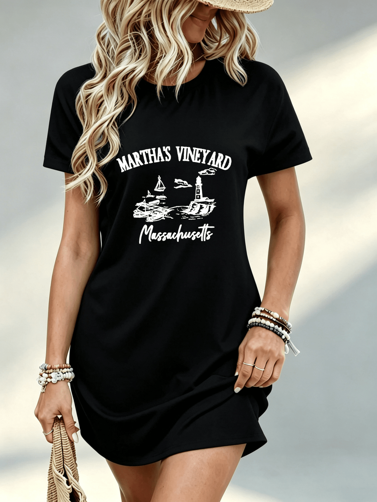 [Printed Design - Not Textured] Casual Women Dress Martha S Vineyard Massachusetts Graphic Print Beach Vacation Gift for Her 100% Polyester - Black