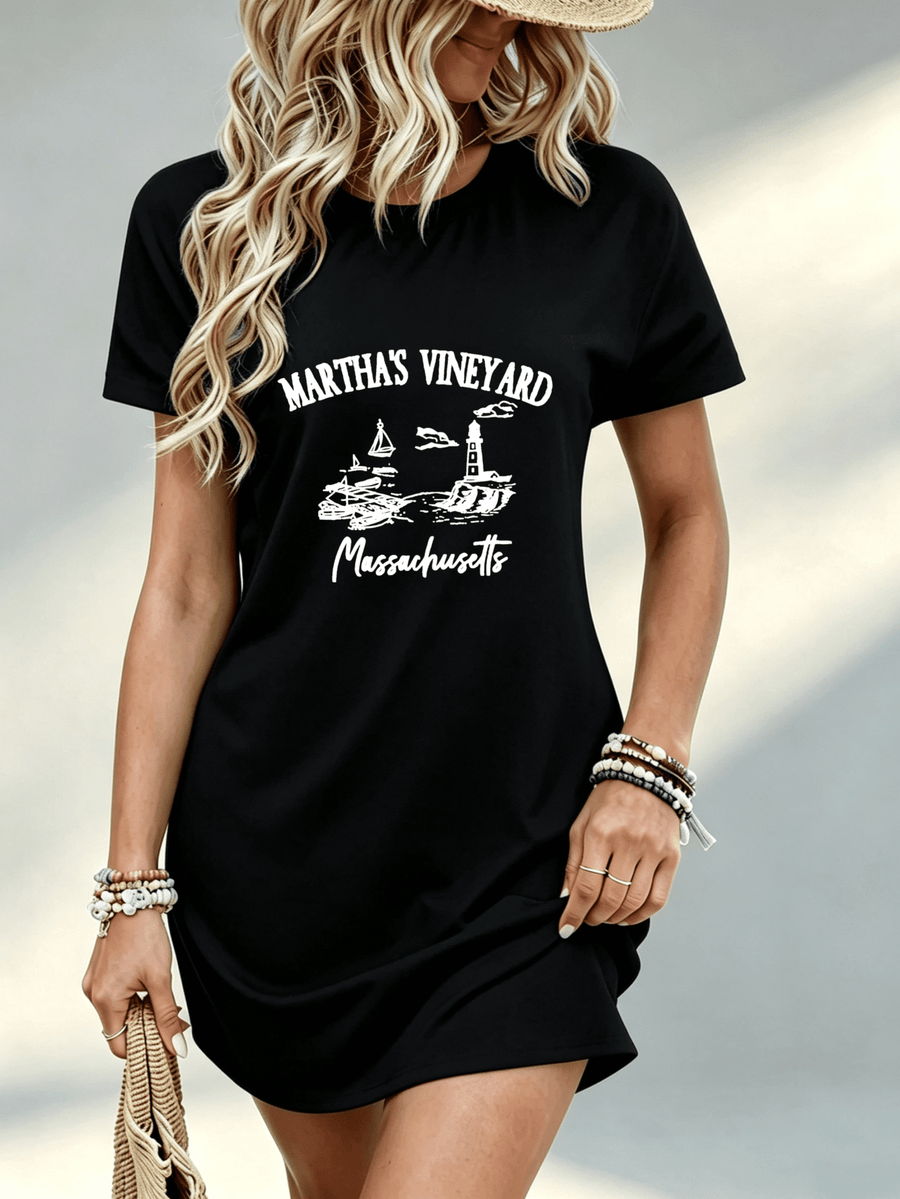 [Printed Design - Not Textured] Casual Women Dress Martha S Vineyard Massachusetts Graphic Print Beach Vacation Gift for Her 100% Polyester - Black
