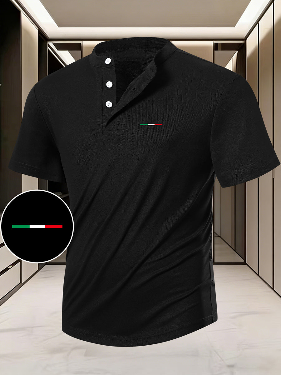 Men's Summer Short-Sleeve Henry Button-Front Shirt - Breathable Round Neck T-Shirt Suitable for Outdoor & Daily Wear, Casual Button Collar Blouse Style Top, Machine Washable Regular Fit for Warm Weather Wardrobe - Black