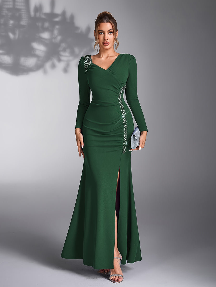 Women's Sequin Patchwork Elegant Wedding Bridesmaid Evening Dress Gown - Dark Green