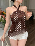 Women'S Brown Polka Dot Backless Bow Strap Short Top, Lace Patchwork Asymmetrical Hem, Retro Sweet Style, Suitable for Sexy, Ideal for Beach Vacation, Daily Outings, Dates, Birthday Parties, And Spring/Summer Occasions - Light Brown-1