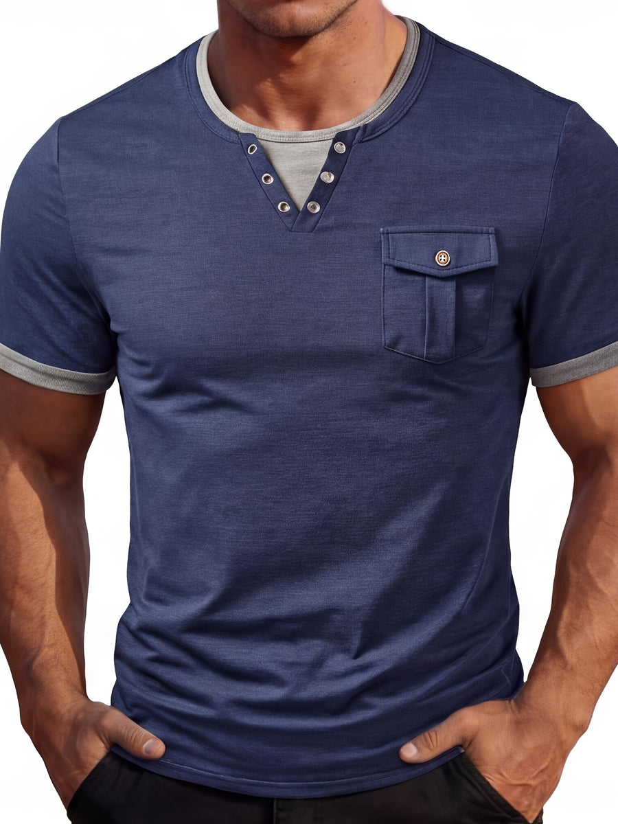 Men's Fashion Top, Spring/Summer Outdoor Casual Knitwear, Color-Block Patchwork Henley Shirt with Patch Pocket and Short Sleeves - Royal Blue