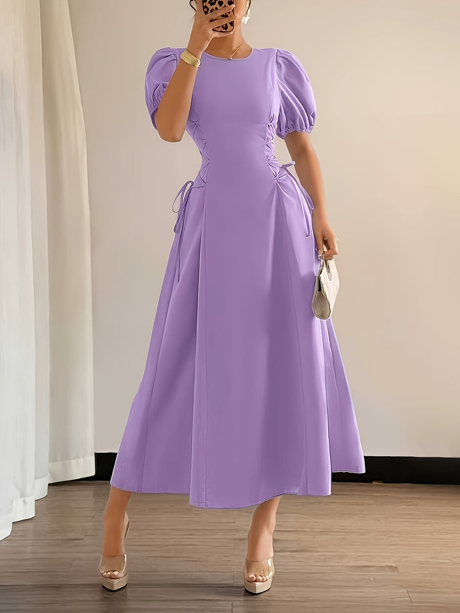 Elegant Daily Casual Solid Color Long Dress with Puff Sleeves, Pleated Detail, and Tie Belt, Suitable for Vacation, Banquets, and Parties, Slim Fit Elegant Dress, Summer Dress - Violet Blue