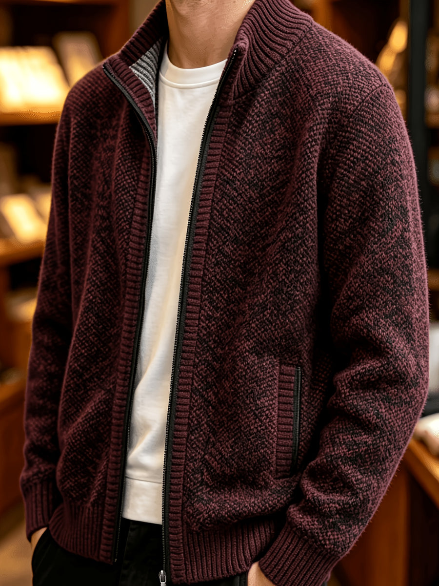 A Single Men's Thick Knitted Sweater Jacket, Made of Soft and Plush Fabric to Keep Warm and Comfortable, Easy to Match for Daily Commuting and Leisure. (Includes Only One Jacket) - Burgundy