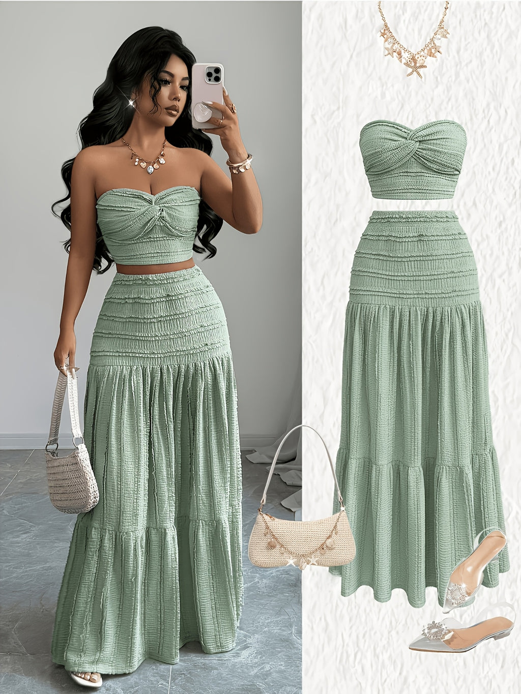 Women'S Jacquard Twisted Short Top And Loose Skirt Set, Elegant Fashion, Suitable for Birthday, Date, Party, Formal Occasions, Music Festival, Valentine'S Day, Easter, Labor Day, Back to Party, Singles' Day, Spring And Summer Wear - Olive Green