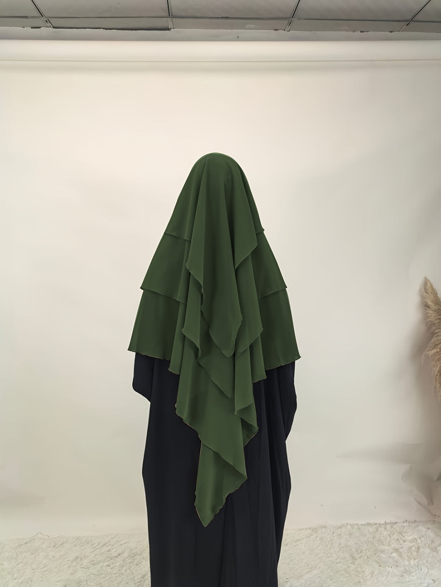 1pc Fashionable, Elegant and Casual Three-layer Chiffon Fabric Solid Color Suitable for Daily Wear, Loose and Comfortable Women's Abaya Headscarf, Women Wedding Robe Aid Femme Abayas for Women Muslim Jilbab Femme Khimar - Olive Green