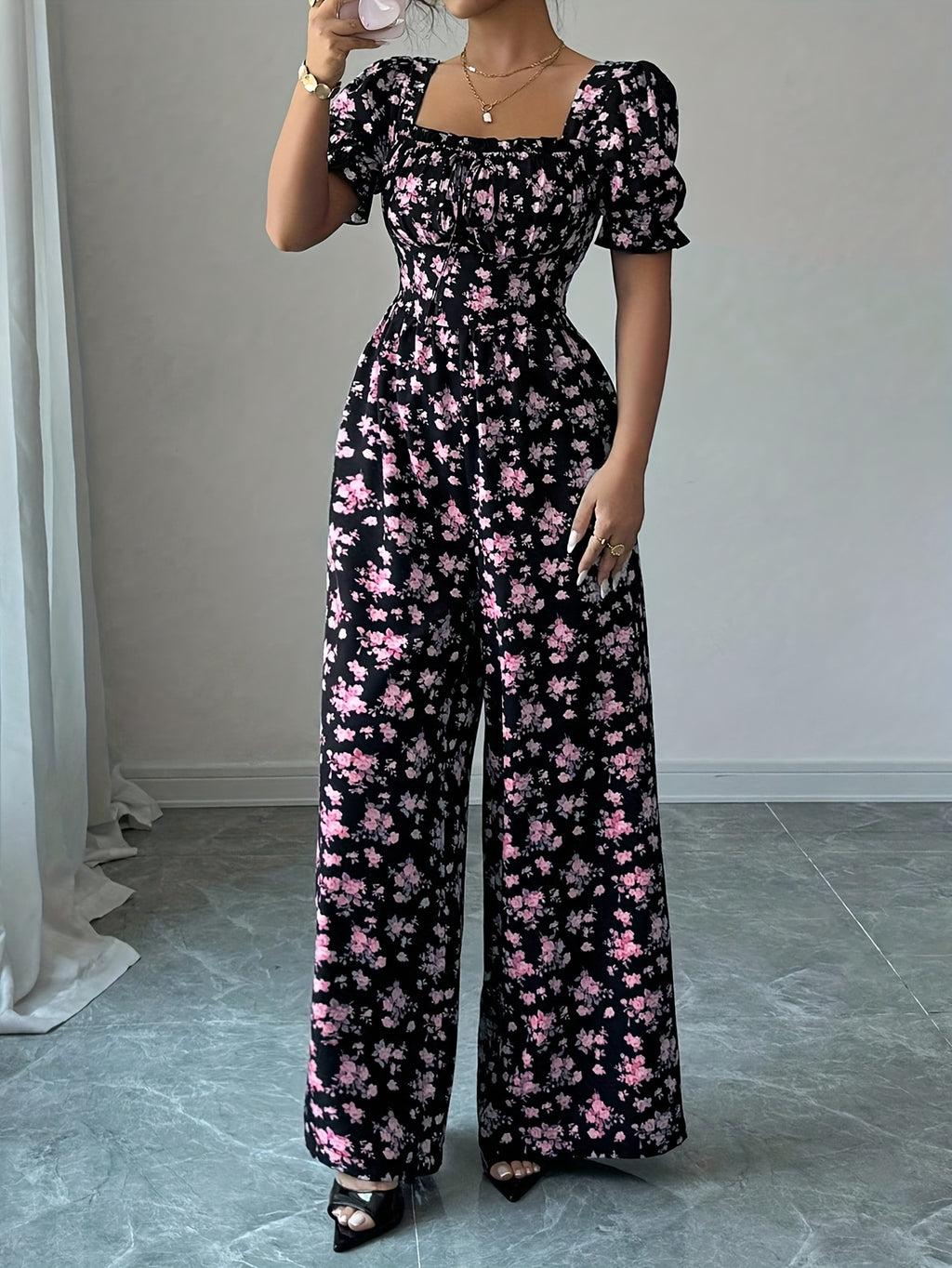 Women'S Elegant Vacation Style Waist-Cinching Printed Jumpsuit, Summer Jumpsuit, Wide-Leg Printed Jumpsuit, Long Length Printed Jumpsuit - Pink Color