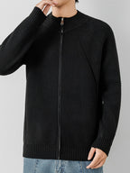 [Wading Whale OBM] 1pc Autumn Winter New Men'S Knit Cardigan, Old Money Style Textured Solid Color Round Neck Zipper Front Long Sleeve Sweater Vest Top, Men'S Casual Fashion, Suitable for Autumn And Winter Wear, Fits Daily Commute, Office Casual - Black