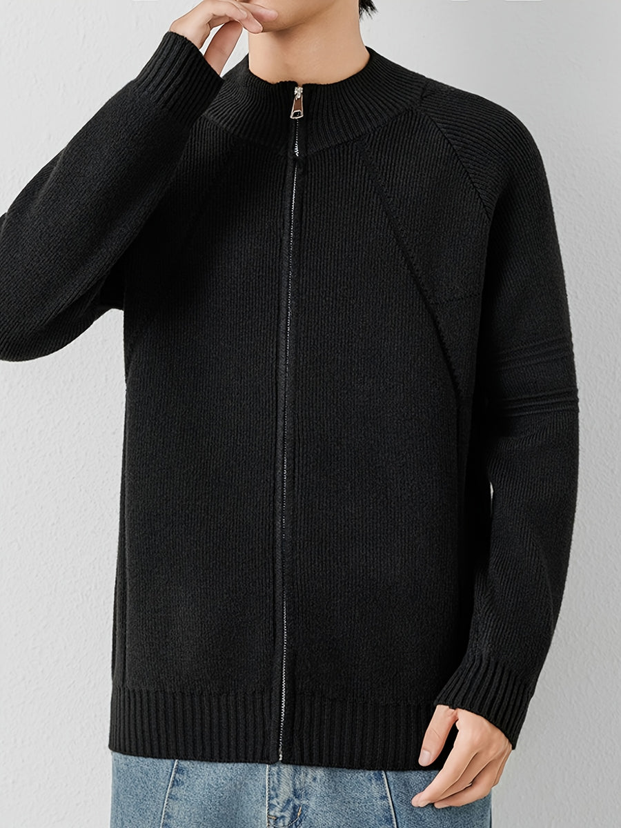 [Wading Whale OBM] 1pc Autumn Winter New Men'S Knit Cardigan, Old Money Style Textured Solid Color Round Neck Zipper Front Long Sleeve Sweater Vest Top, Men'S Casual Fashion, Suitable for Autumn And Winter Wear, Fits Daily Commute, Office Casual - Black
