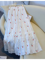 Gentle Floral Embroidered Midi Skirt for Women, New Spring And Summer 2026 Style, Suitable for Petite Figures, A-Line Fairy Dress with a Floral Pattern - White