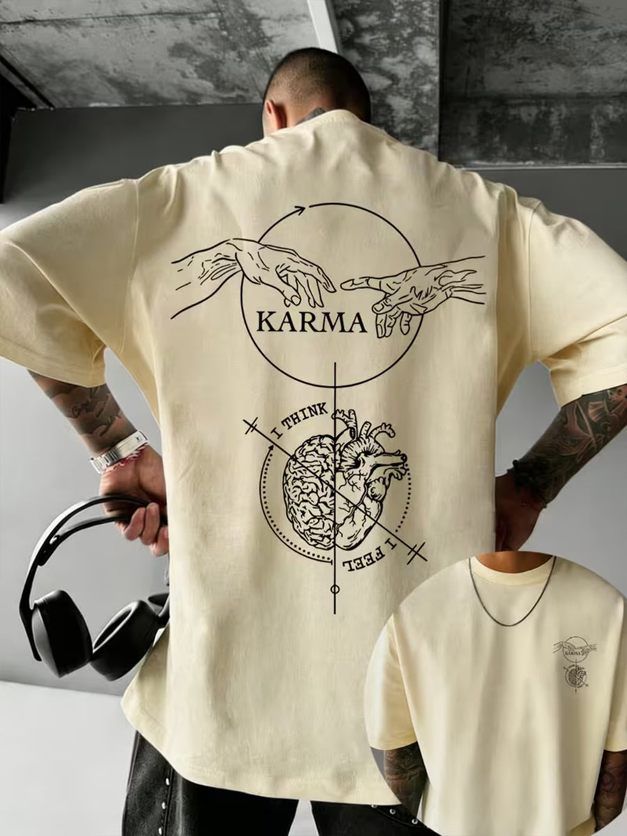 Causal Reincarnation Brain Heart Hand-Drawn Men'S Pure T-Shirt, Front And Back Double-Sided Genesis Hand, Half-Brain Heart Line English Print with Niche Dark Art Atmosphere, 100% Fabric Breathable And Skin-Friendly - Apricot
