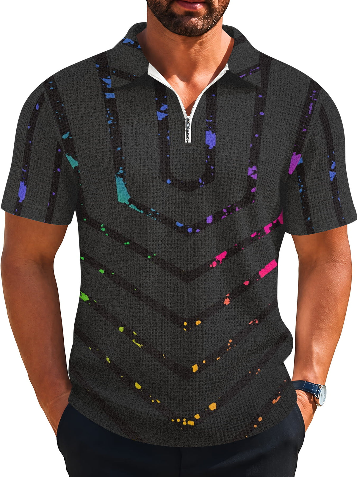 Summer Waffle Stand-Up Collar Half-Zipper Polo Shirt Men'S Easy Solid Color Short Sleeve T-Shirt Outdoor Commute Breathable Slimming Versatile Basic Top - Mixed colors