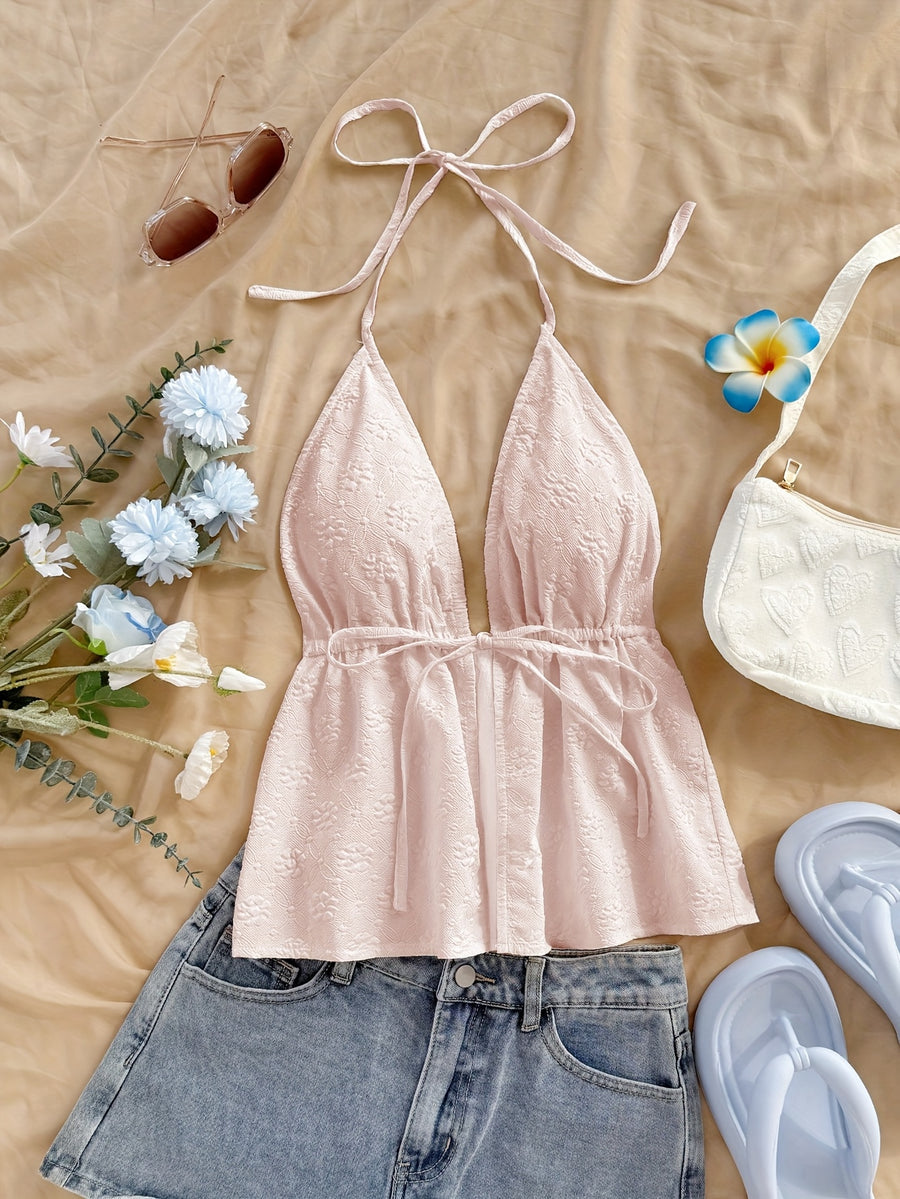 Solid Floral Texture Cute Top - pink color