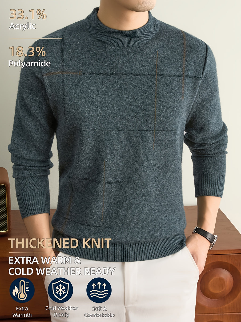 Men's Fall Winter Knit Pullover Sweater with Classic Stripes. Thick, Warm and Comfortable in a Timeless Old-money Style. Perfect for Commuting, Casual Wear, Sports, Hiking, Camping and Fishing. A Great Gift for Fathers and Husbands. - Bean Green