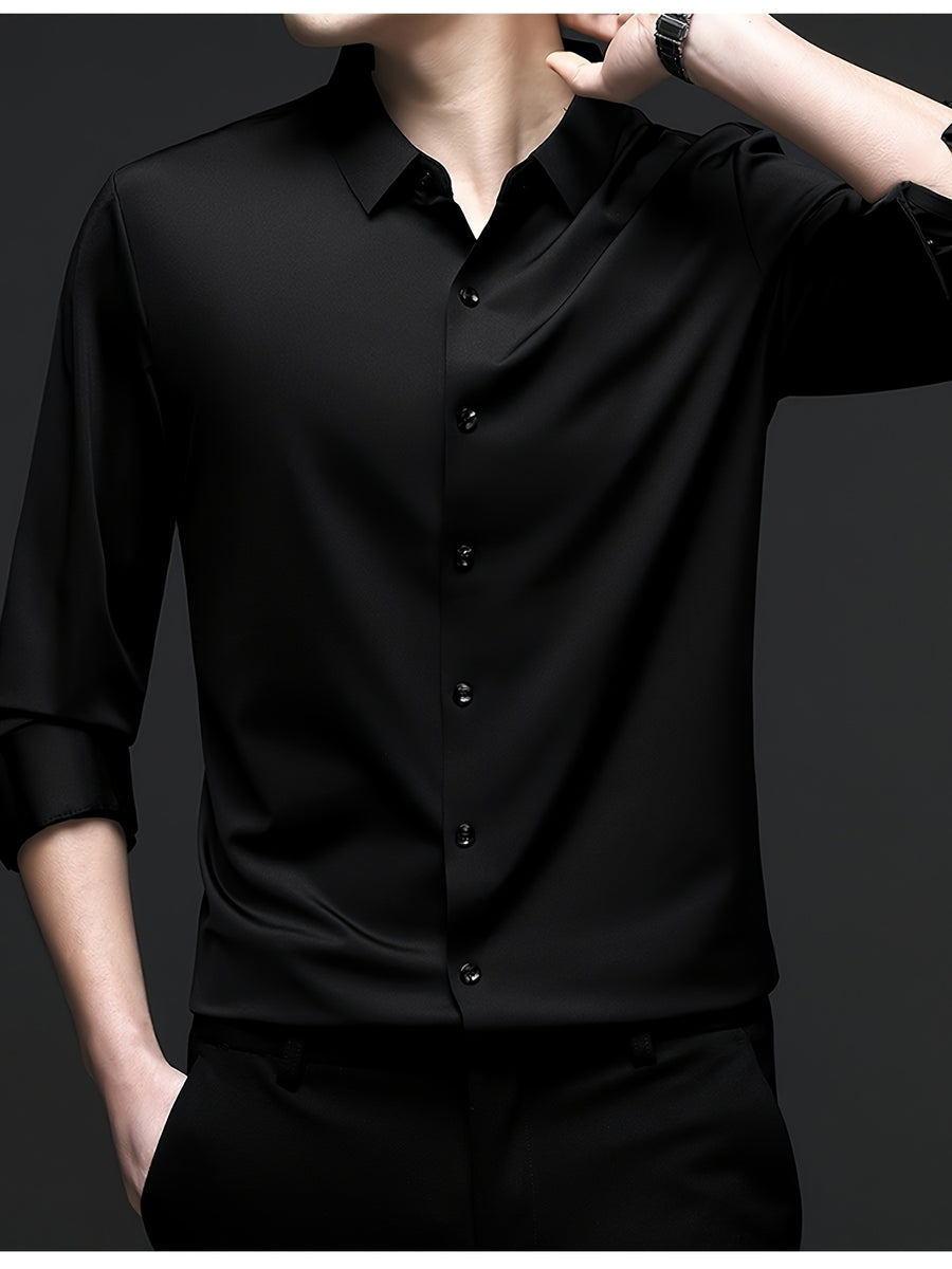 High-end Men's Casual Fashion Wrinkle-Resistant Thin Seamless Stretch Business Solid Color No-Iron Long Sleeve Shirt - Black