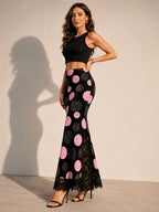 Women'S Polka Dot Print Comfortable Elastic Waist Half Skirt, Lace Panel Design, Elegant Fashion Casual Skirt, Temperament Versatile Outing Vacation Casual Skirt - Black