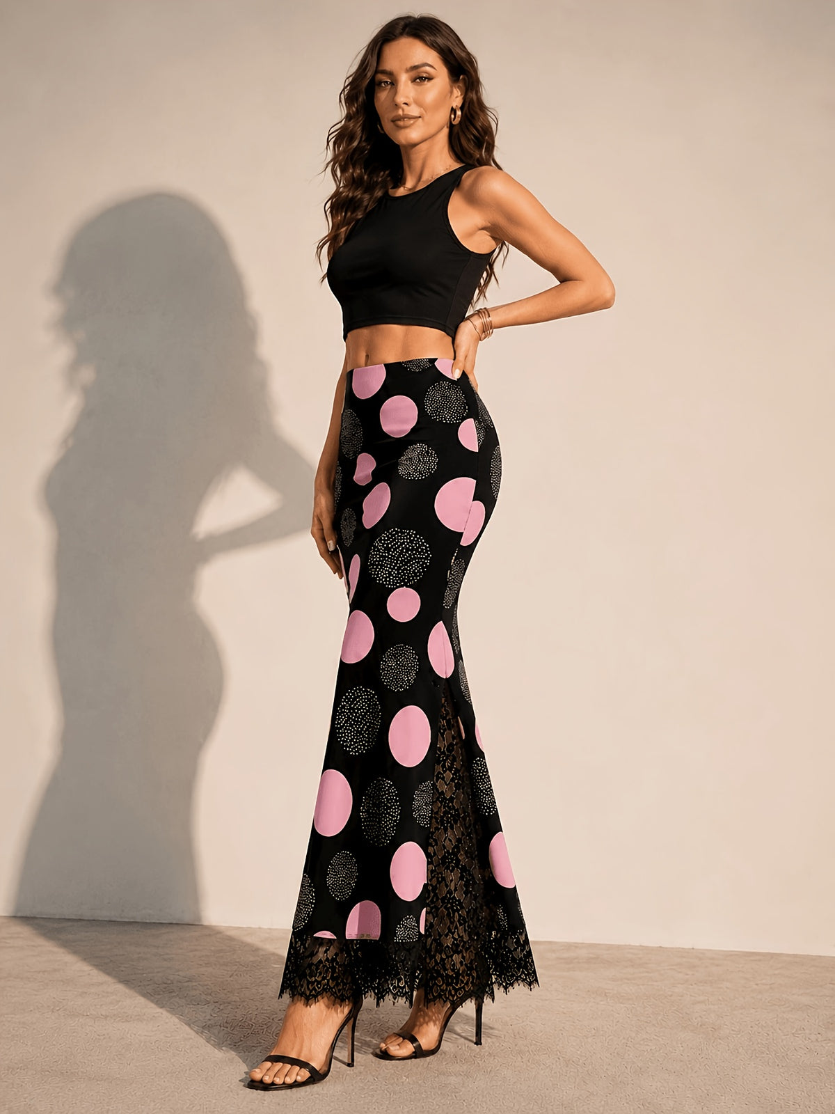 Women'S Polka Dot Print Comfortable Elastic Waist Half Skirt, Lace Panel Design, Elegant Fashion Casual Skirt, Temperament Versatile Outing Vacation Casual Skirt - Black
