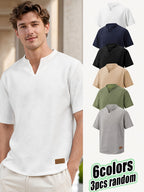 Random 3pcs Pc - Men'S V-Neck Casual Short Sleeve Shirt, Floral Jacquard Design, Comfortable Stretch Fabric, Random Color Shipped - Mixed colors