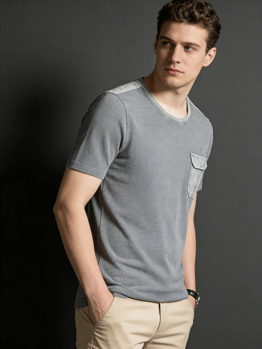 Men's Washed Distressed Vintage T-Shirt Polo Shirt Top, Solid Color Casual Top, British Style with Pocket, Washed Distressed Finish, Nostalgic Vintage Style with Faded Effect - Silvery Grey