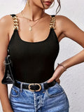 Ins Trendy Cool Chain Decor Cami Top, Solid Color Ribbed Slim Fit U-Neck Top, Western Style Niche Design Essential Outfit, Sexy Chain Strap Cami Top Women'S, Solid Color Ribbed Slim Fit Sleeveless Top, Western Fashion Individual Versatile Item - Black