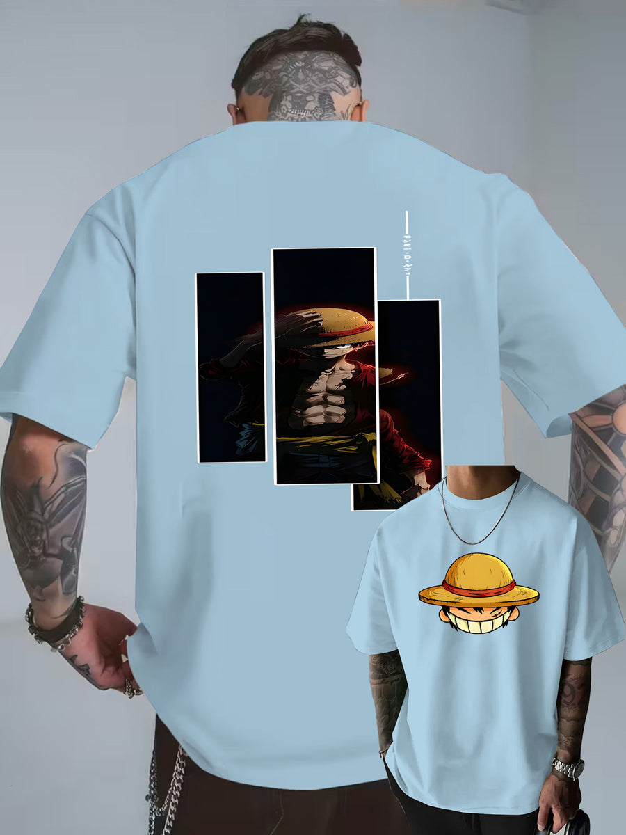 Cartoon Easy Individual Letter Creative Multi-Print Heavyweight Easy Fashion Pure Men'S Short Sleeve T-Shirt Pure New Casual Daily Fashion Loose Round Neck T-Shirt Men'S Clothing Men'S Casual Sports Shirt Men'S Casual Sports T-Shirt Men'S Casual Spo - Light Blue