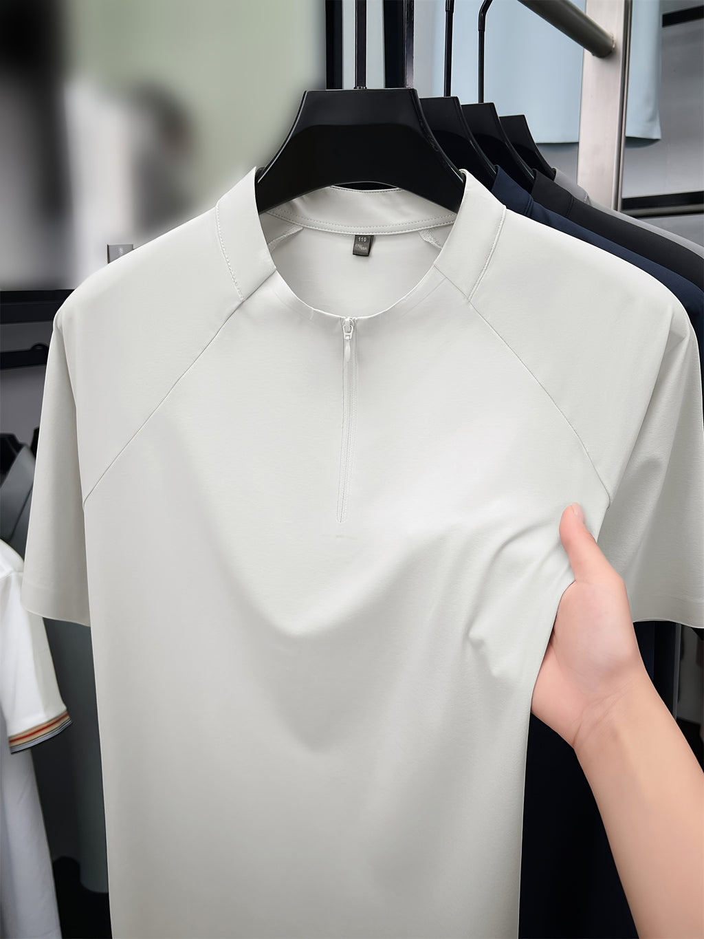 New Summer Men's Short-Sleeve Henley Shirt, Half-Zip Stand Collar Raglan Solid Color Top, Versatile Multi-Color Men's Apparel for Business Commuting, Outdoor, Fitness, Golf, Men's Gift - Off-white