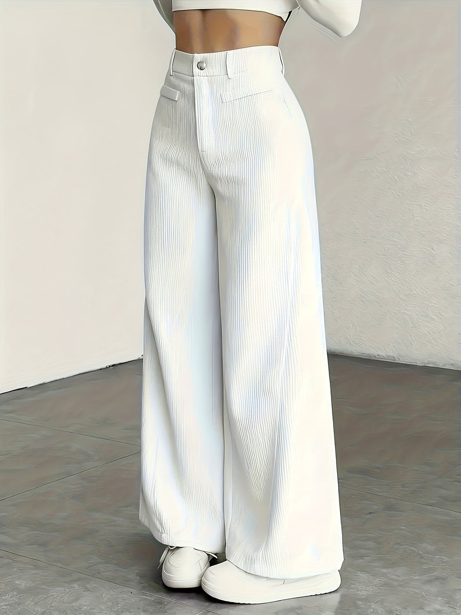Women's High-Waisted Wide-Leg Corduroy Pants - Straight Leg Trousers with Corduroy Texture & Striped Suitable for All-Season Wear, Machine Washable Non-Stretch Corduroy Pants for Office, Casual, Everyday Outfits (No Transparency) - White