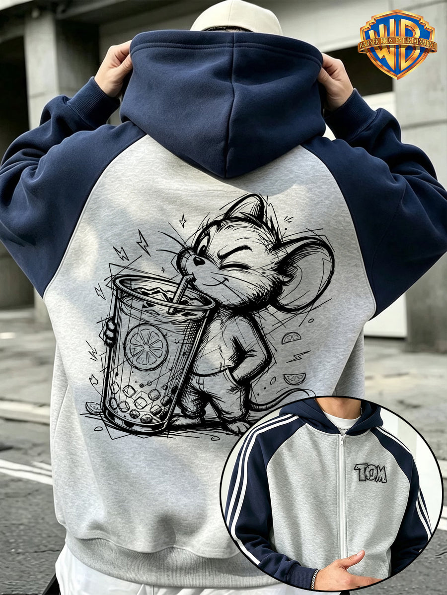 Warner Bros. Official Licensed Product, 1pc New Men's Raglan Colorblock Zip-Up Hooded Sweatshirt Jacket, Featuring a Fun Hand-Drawn Line Sketch Graffiti Print of a Little Mouse Drinking Milk Tea in a Creative Animated Cartoon Style. The Print Has - Navy Blue And Gray