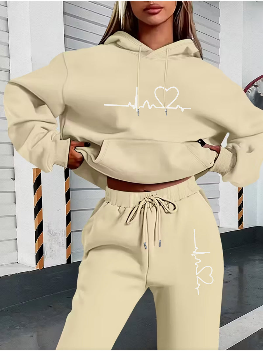 Autumn And Winter ECG Heart Pattern Printed Women'S European And American Fashion Fleece Hooded Sweatshirt Set for ' Casual Wear - Apricot
