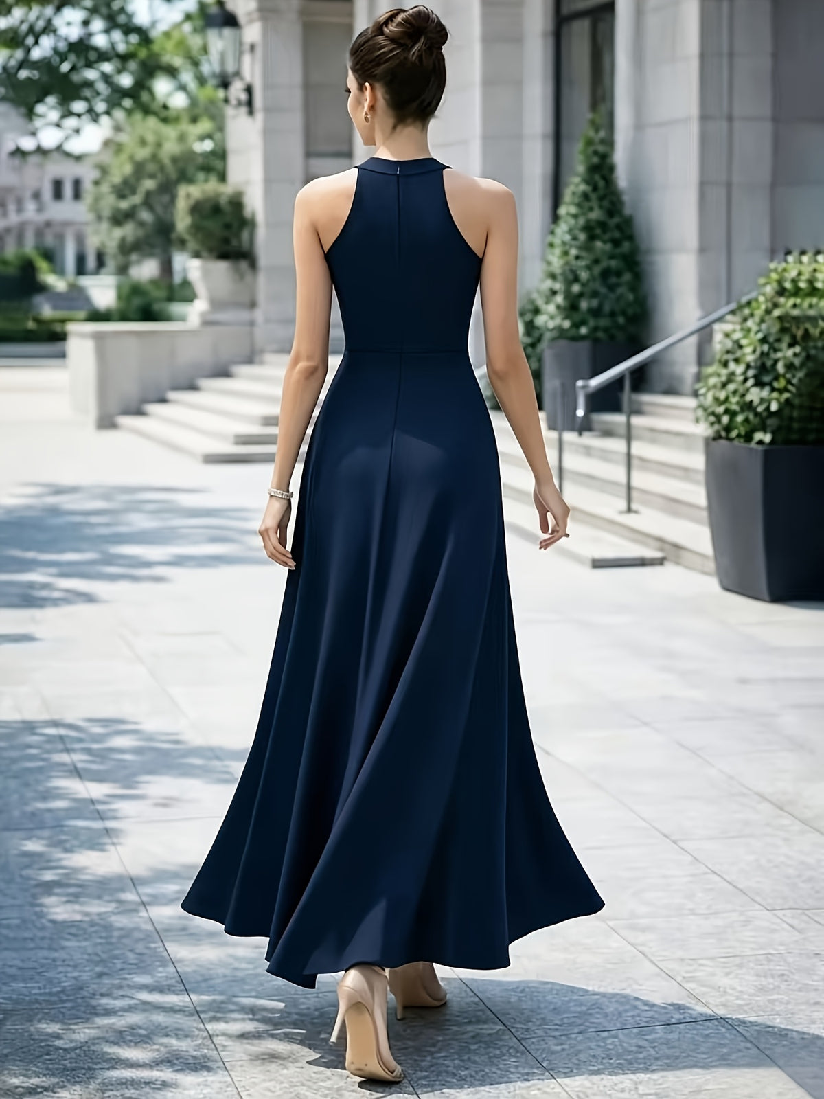 2026 New Women's Elegant Socialite Style Halter Neck High Slit Sleeveless A-Line Evening Gown, Wedding Bridesmaid Banquet Party Long Dress - Navy Color