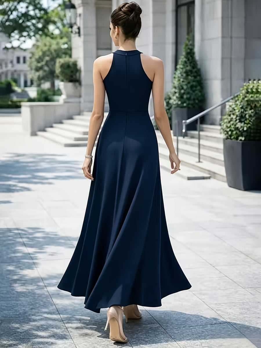 2026 New Women's Elegant Socialite Style Halter Neck High Slit Sleeveless A-Line Evening Gown, Wedding Bridesmaid Banquet Party Long Dress - Navy Color
