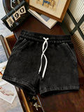 Solid Color Fermented Soft Waxy Fabric Ladies Casual Drawstring Pocket Shorts - Deep Grey