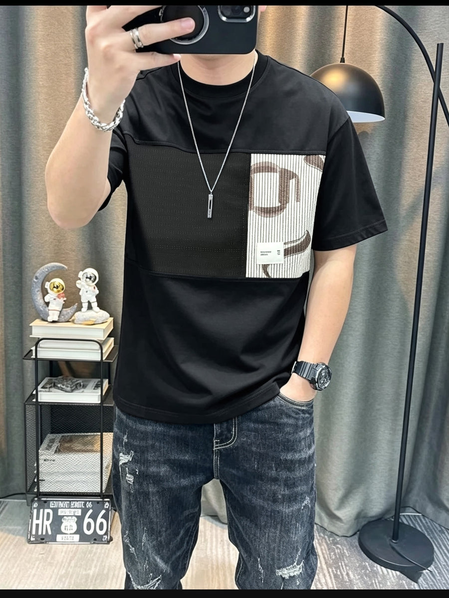 Men'S Random Print Short-Sleeve T-Shirt Summer New High-End Half-Sleeve Body Shirt Round Neck Leisure Dressing Men'S Clothing Trend - Black