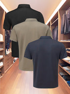3pcs Value Pc, Summer Short-sleeve Polo Shirt! New Jacquard Fabric, Quick-drying, Lightweight and Breathable, Easy to Wash and Dry Quickly. Men's Color-blocked Cool and Comfortable Polo Shirt with Lapel, for Sports and Casual Wear. Men's Short-sleeve - Black Card Blue