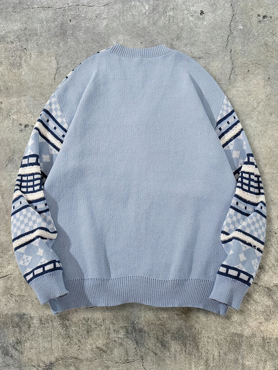 Men's New Autumn/Winter Streetwear American Style Solid Color Vertical Stripe Hard Line Fairytale Style Simple Commuter Versatile Cable Knit Button V-Neck Cardigan Sweater Open Front Fabric Long Sleeve Knitted Outerwear - Blue