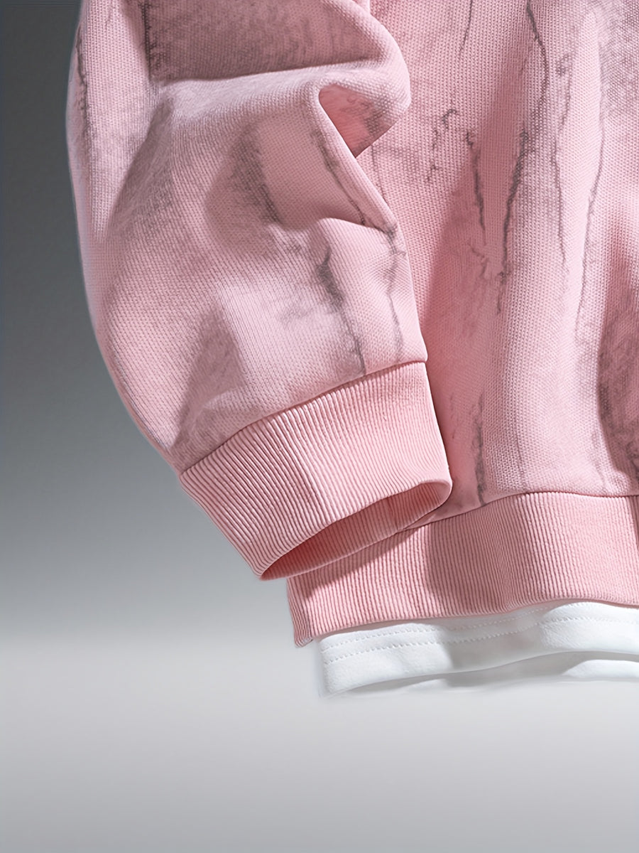 Autumn And Winter New Men'S Trendy Round Neck Sweatshirt, 320 Gram Blend Tie-Dye Sweatshirt, Fashionable Fake Two-Piece Pullover - Pink Color
